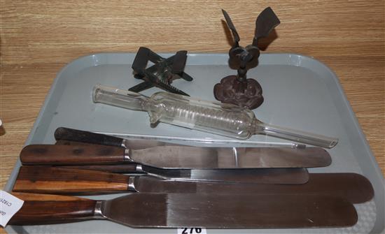 Six wood handled stainless steel spatulas, a Friedrichs condenser and two other items